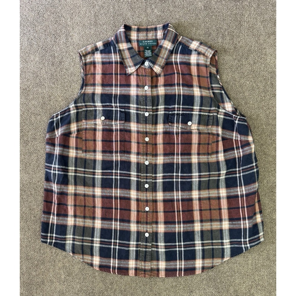LAUREN Ralph Lauren 100% Linen Plaid Button Front Vest Women's 1X Pockets